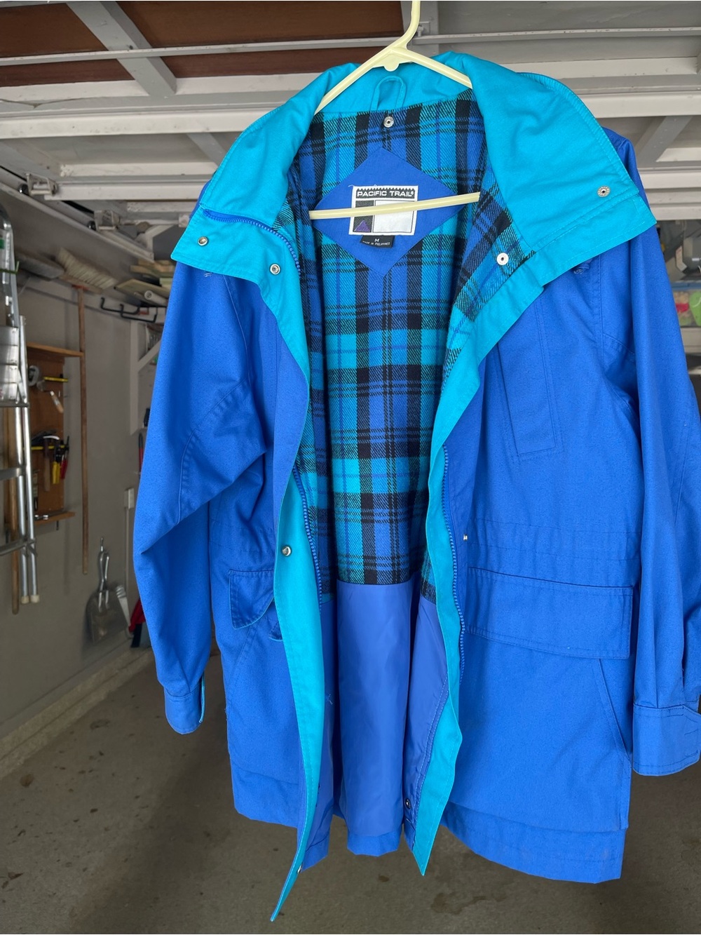 Pacific Trail Men's Blue Raincoat with Teal Accents and Plaid Lining